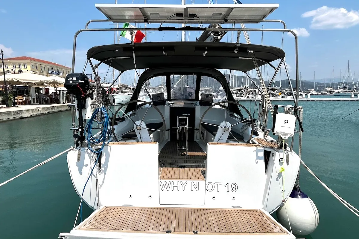 Exterior view of Why Not 19, a Hanse 348 sailboat at Municipal Unit of Lefkada, Greece