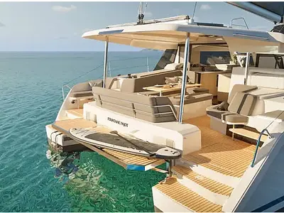 Deck of Montague, a Fountaine Pajot FP 41 Quatuor 4 catamaran at Municipal Unit of Lefkada, Greece