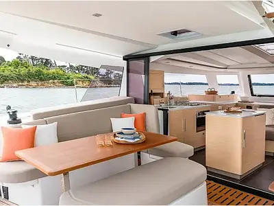 Salon of Montague, a Fountaine Pajot FP 41 Quatuor 4 catamaran at Municipal Unit of Lefkada, Greece