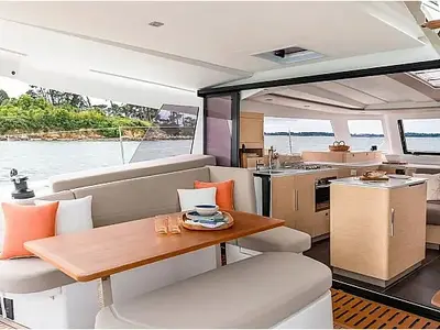 Salon of Montague, a Fountaine Pajot FP 41 Quatuor 4 catamaran at Municipal Unit of Lefkada, Greece