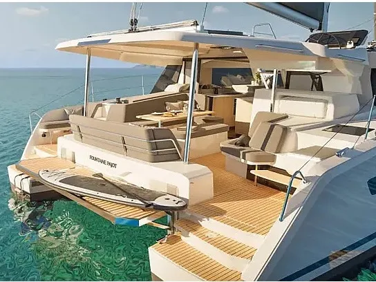 Deck of Montague, a Fountaine Pajot FP 41 Quatuor 4 catamaran at Municipal Unit of Lefkada, Greece