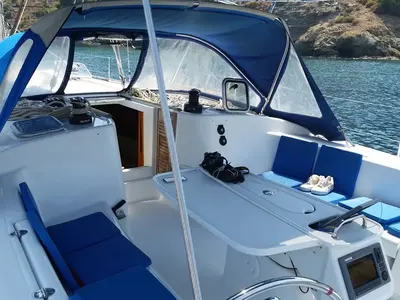 Cockpit of Amirante, a Beneteau Cyclades 50.5 sailboat at Athens, Greece