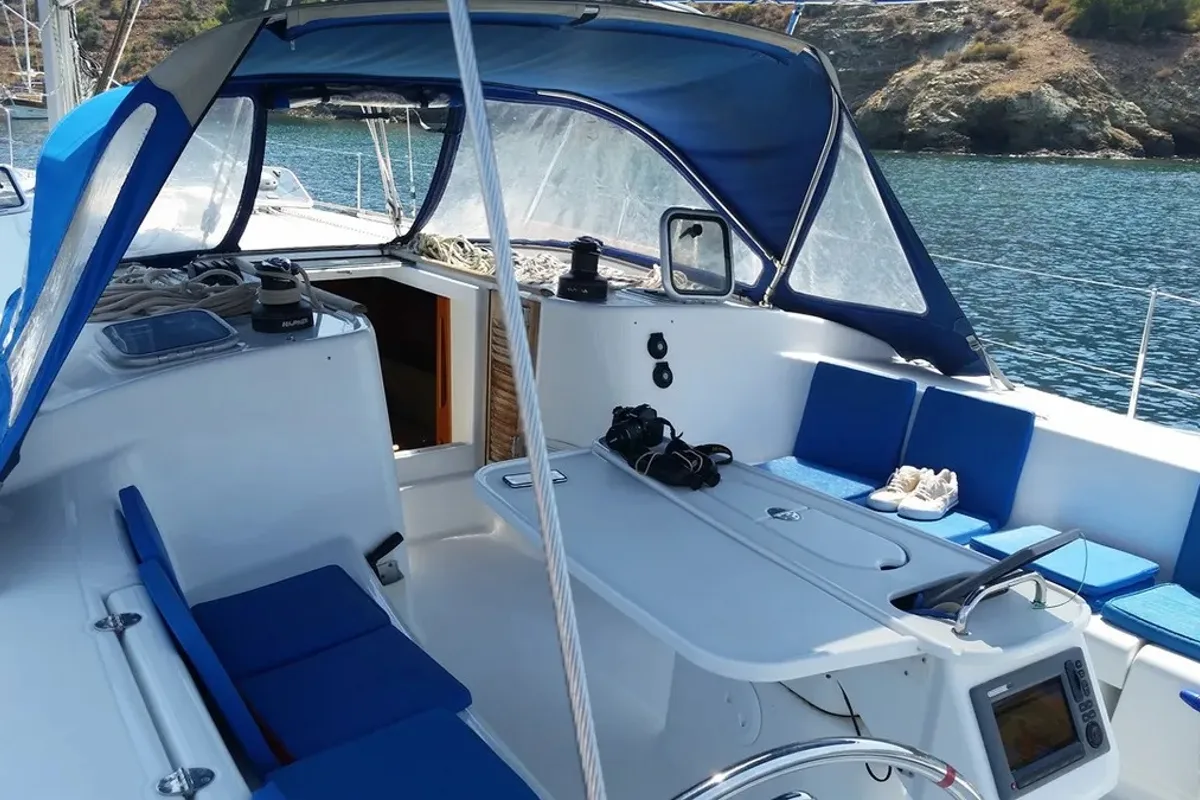 Cockpit of Amirante, a Beneteau Cyclades 50.5 sailboat at Athens, Greece