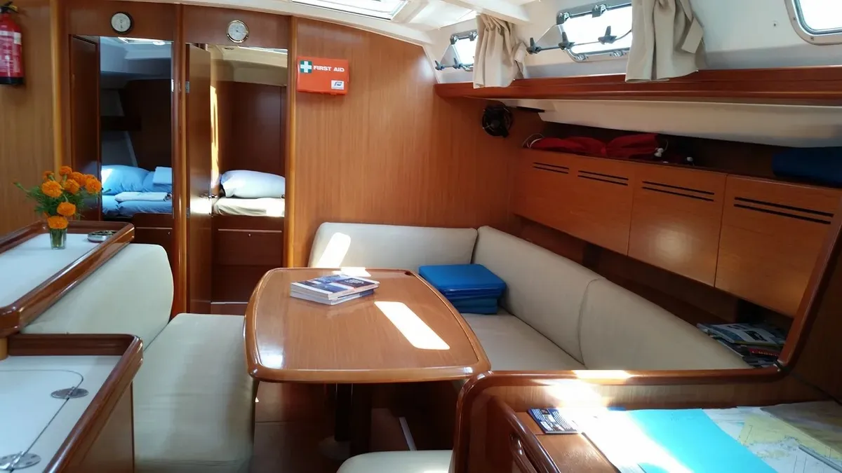 Salon of Amirante, a Beneteau Cyclades 50.5 sailboat at Athens, Greece