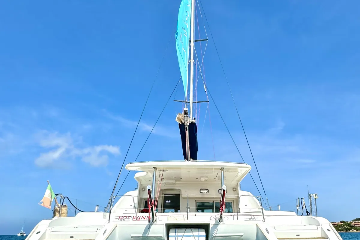Exterior view of Hot Wind, a Lagoon 440 catamaran at Olbia, Italy