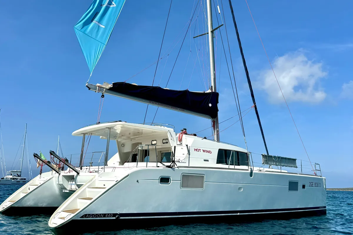 Exterior view of Hot Wind, a Lagoon 440 catamaran at Olbia, Italy