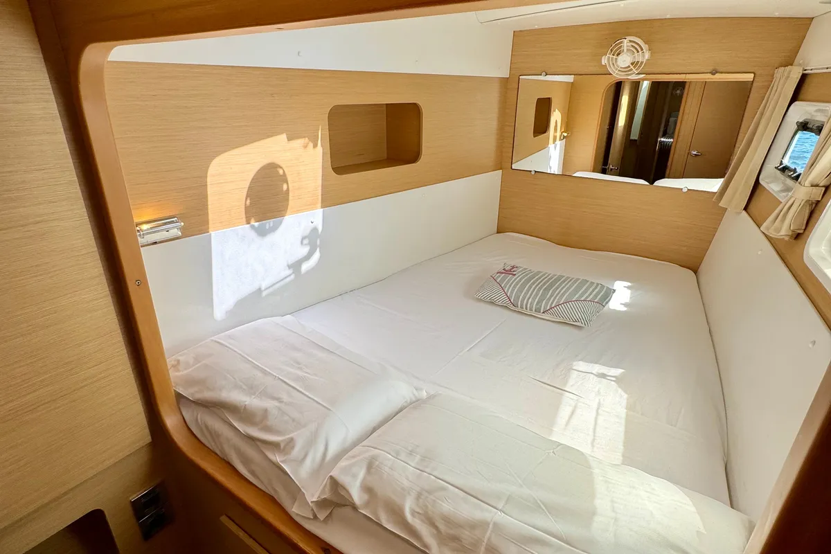 Cabin on Hot Wind, a Lagoon 440 catamaran at Olbia, Italy