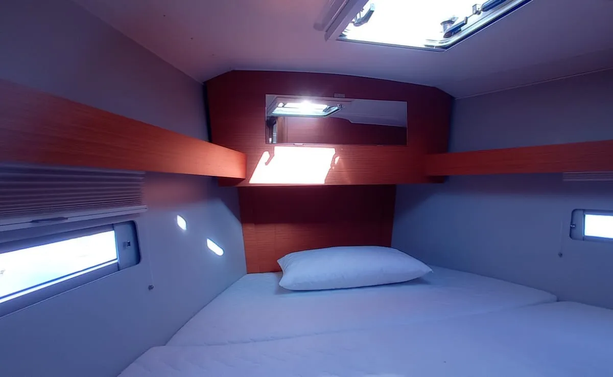 Cabin on Tiche, a Dufour 390 Grand Large sailboat at Palermo, Italy