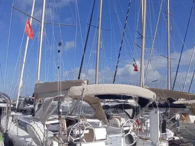 Deck of Tiche, a Dufour 390 Grand Large sailboat at Palermo, Italy