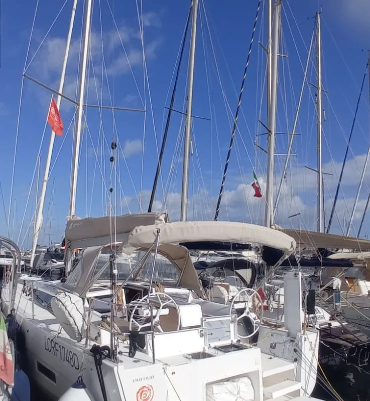 Deck of Tiche, a Dufour 390 Grand Large sailboat at Palermo, Italy