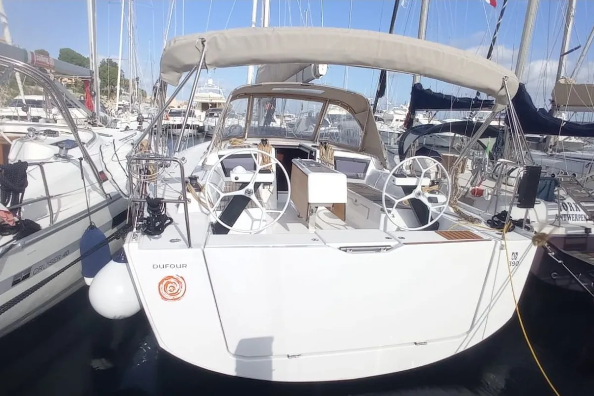 Cockpit of Tiche, a Dufour 390 Grand Large sailboat at Palermo, Italy