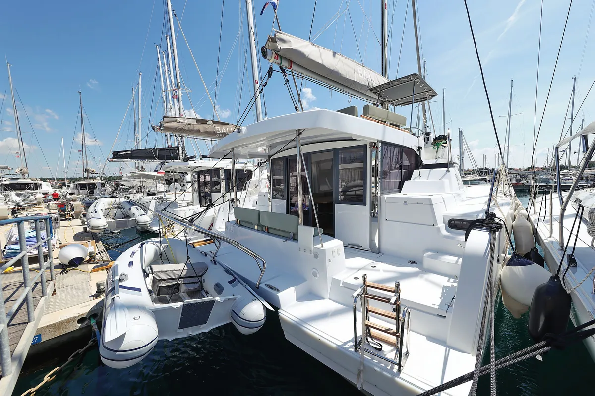 Deck of Baycat, a Bali Catspace catamaran at Grad Biograd na Moru, Croatia