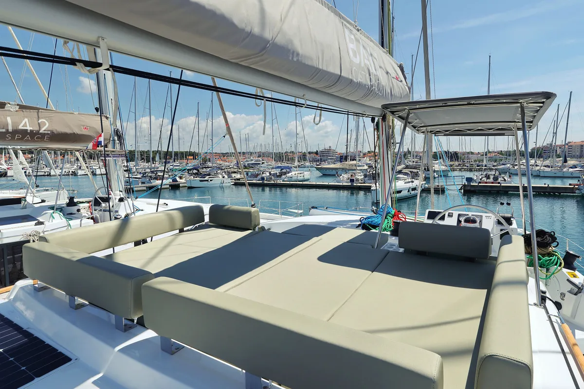 Deck of Baycat, a Bali Catspace catamaran at Grad Biograd na Moru, Croatia
