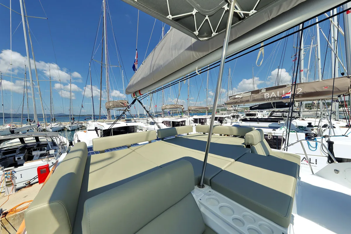 Deck of Baycat, a Bali Catspace catamaran at Grad Biograd na Moru, Croatia