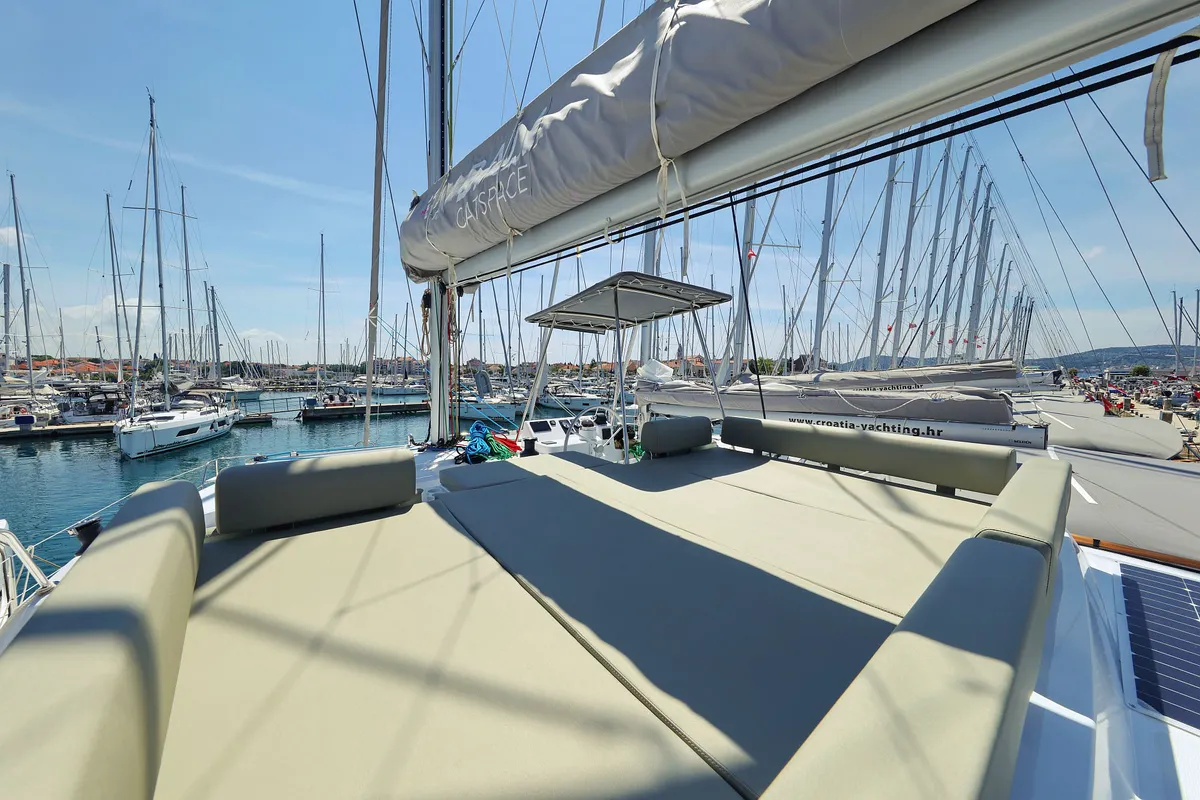 Deck of Baycat, a Bali Catspace catamaran at Grad Biograd na Moru, Croatia