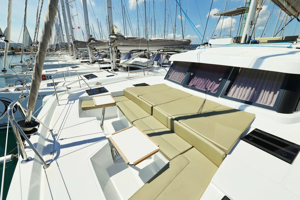 Deck of Baycat, a Bali Catspace catamaran at Grad Biograd na Moru, Croatia