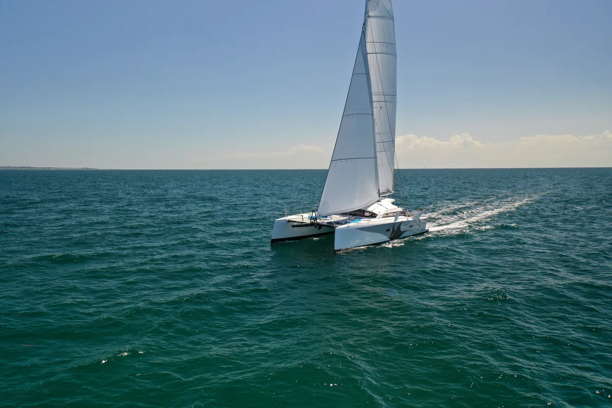 Exterior view of Manta Va'a, a Marsaudon Composites TS 42 catamaran at La Trinité-sur-Mer, France