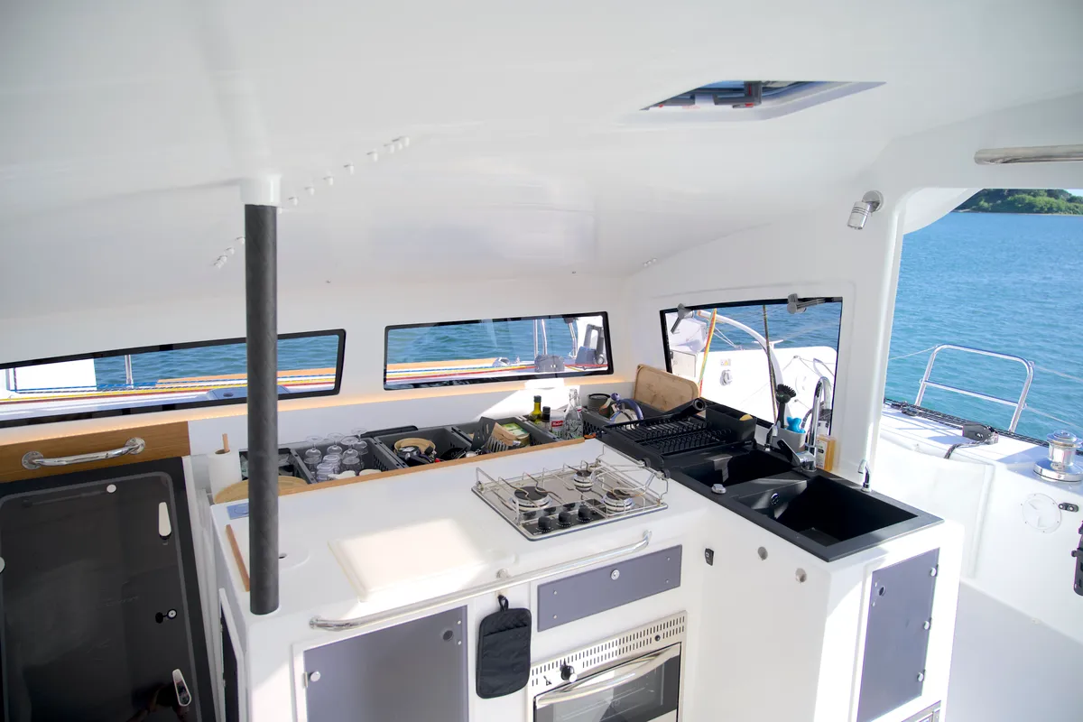 Galley of Manta Va'a, a Marsaudon Composites TS 42 catamaran at La Trinité-sur-Mer, France