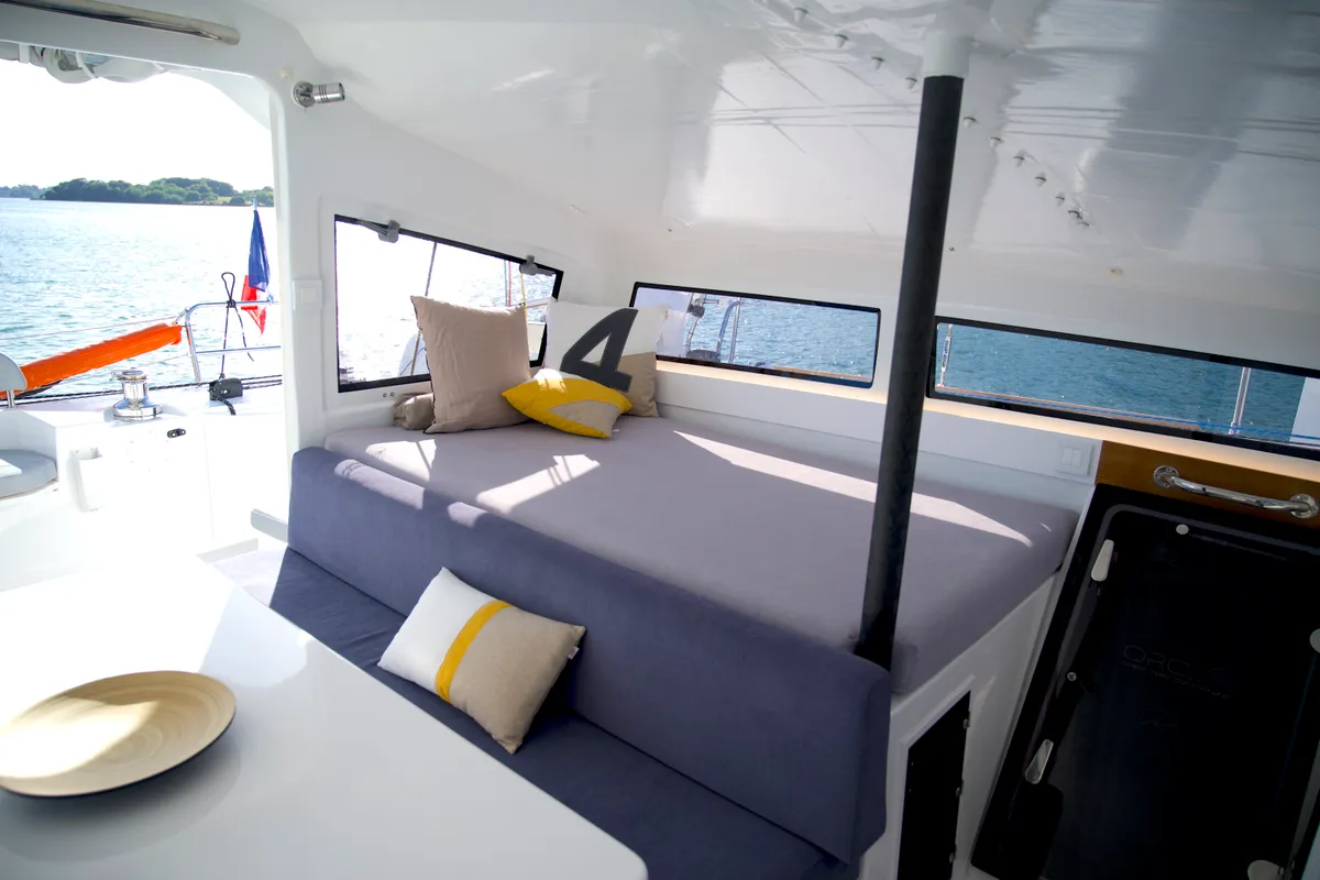 Salon of Manta Va'a, a Marsaudon Composites TS 42 catamaran at La Trinité-sur-Mer, France