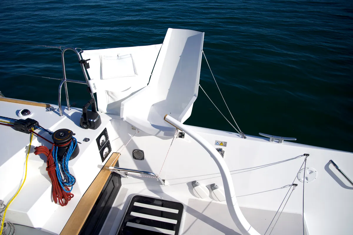 Cockpit of Manta Va'a, a Marsaudon Composites TS 42 catamaran at La Trinité-sur-Mer, France