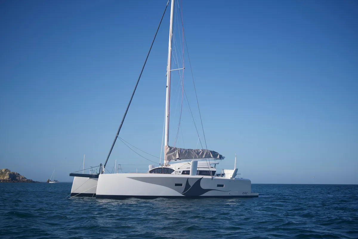 Exterior view of Manta Va'a, a Marsaudon Composites TS 42 catamaran at La Trinité-sur-Mer, France