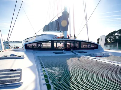 Deck of Manta Va'a, a Marsaudon Composites TS 42 catamaran at La Trinité-sur-Mer, France