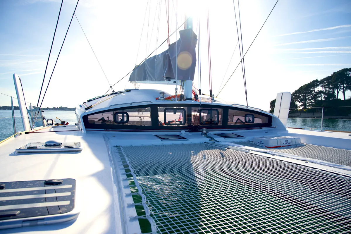 Deck of Manta Va'a, a Marsaudon Composites TS 42 catamaran at La Trinité-sur-Mer, France