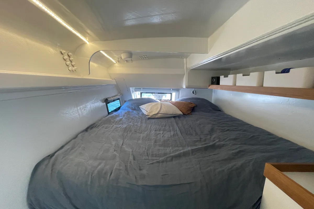 Cabin on Manta Va'a, a Marsaudon Composites TS 42 catamaran at La Trinité-sur-Mer, France
