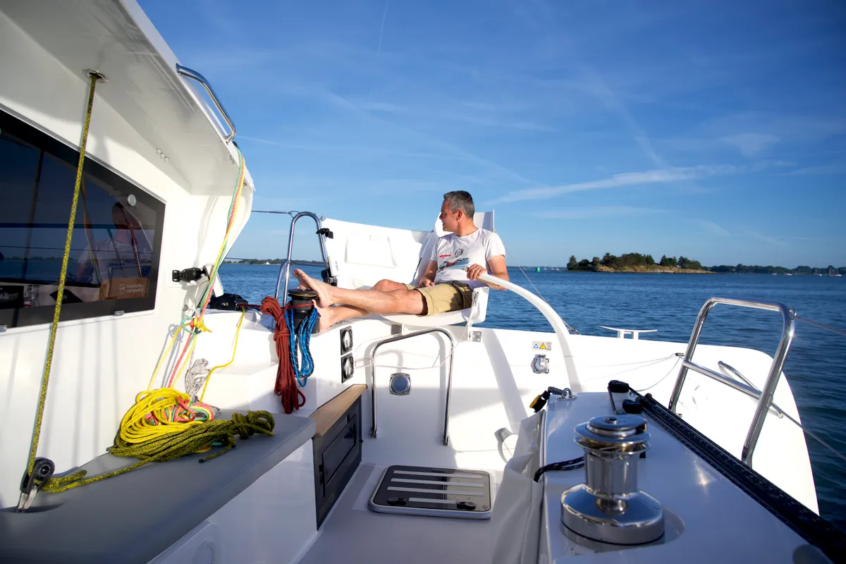 Cockpit of Manta Va'a, a Marsaudon Composites TS 42 catamaran at La Trinité-sur-Mer, France