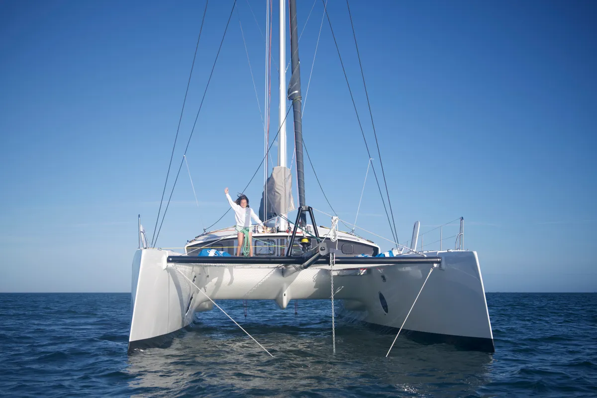 Exterior view of Manta Va'a, a Marsaudon Composites TS 42 catamaran at La Trinité-sur-Mer, France