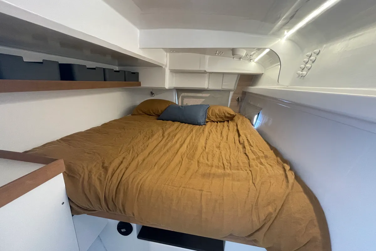 Cabin on Manta Va'a, a Marsaudon Composites TS 42 catamaran at La Trinité-sur-Mer, France