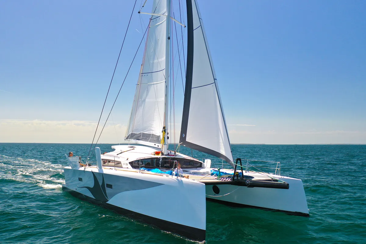 Exterior view of Manta Va'a, a Marsaudon Composites TS 42 catamaran at La Trinité-sur-Mer, France