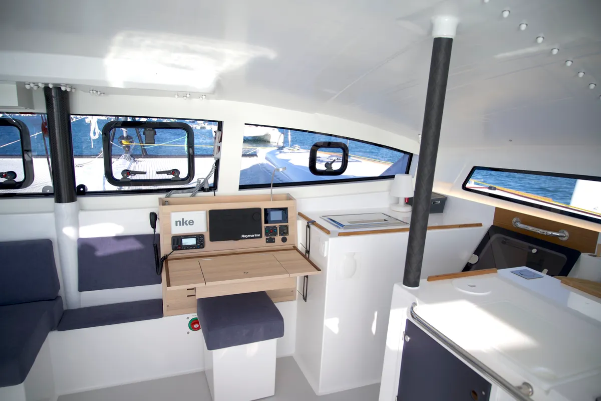 Salon of Manta Va'a, a Marsaudon Composites TS 42 catamaran at La Trinité-sur-Mer, France