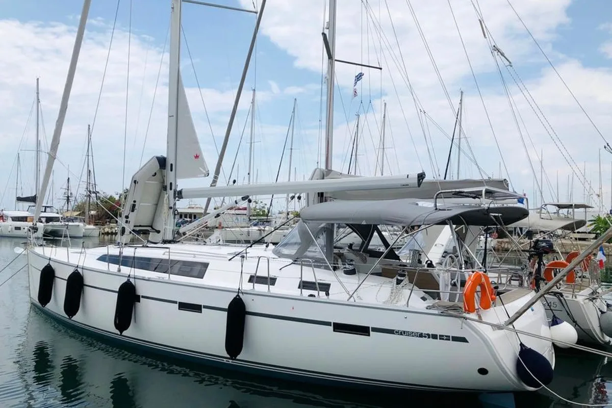 Exterior view of Guarda Che Luna, a Bavaria 51 Cruiser sailboat at Municipal Unit of Rhodes, Greece
