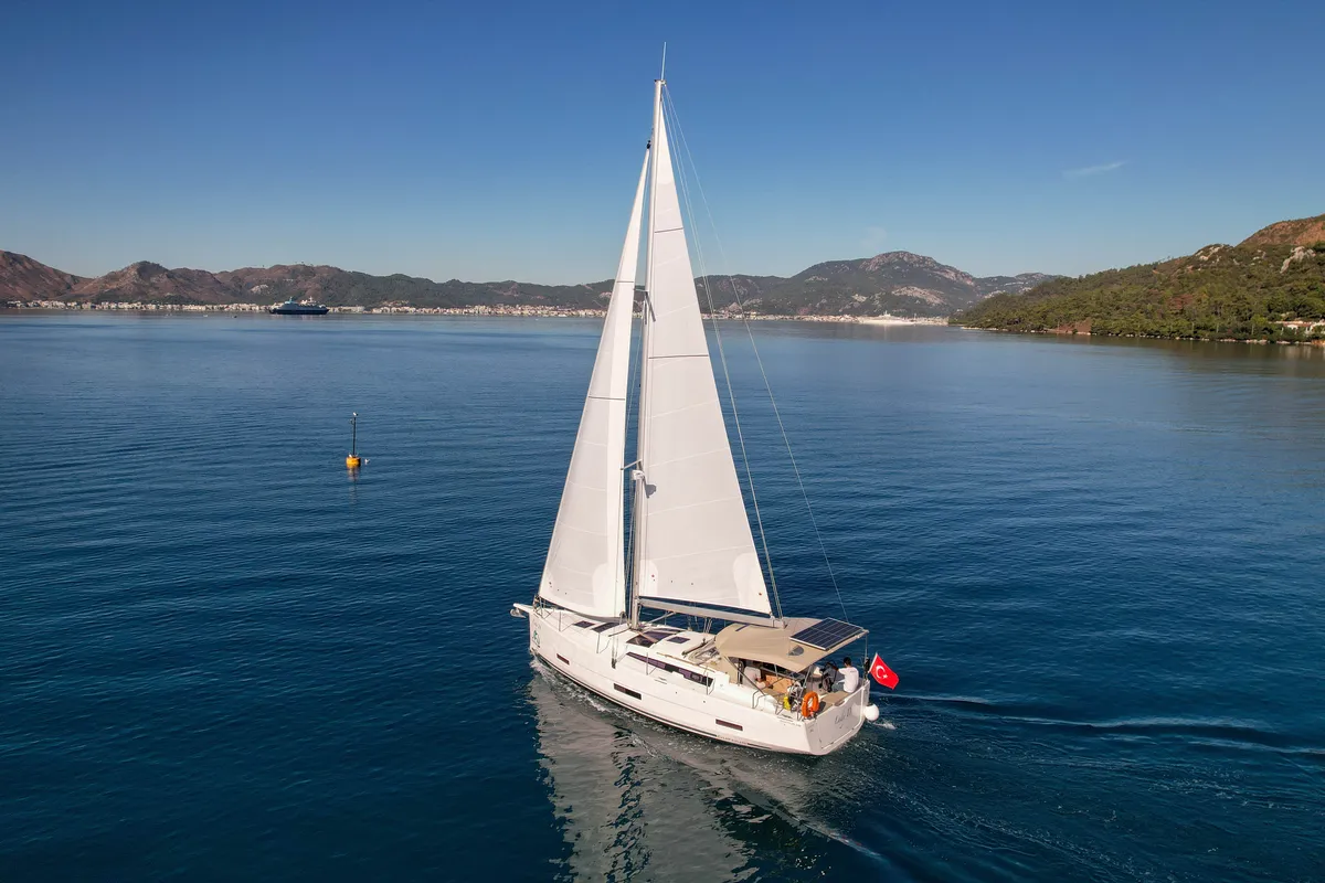 Exterior view of Lady D, a Dufour 390 sailboat at Marmaris, Turkey