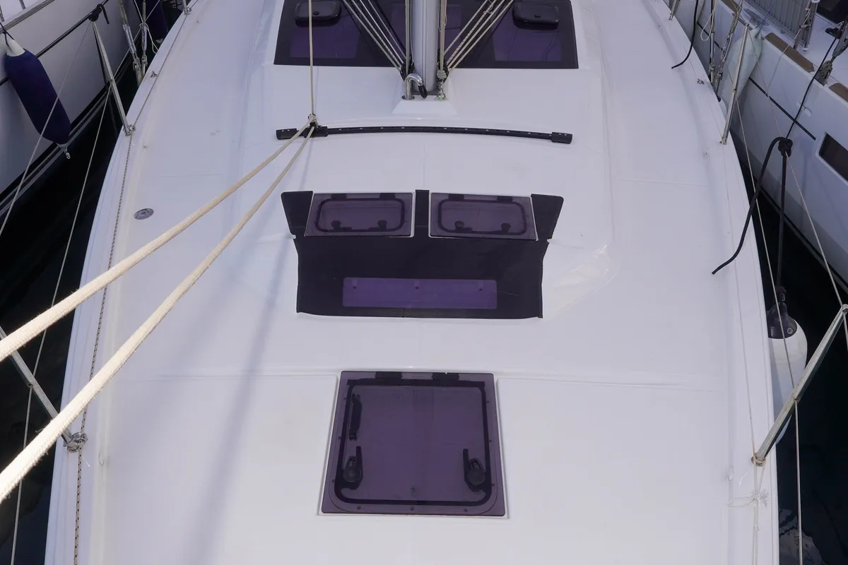 Deck of Lady D, a Dufour 390 sailboat at Marmaris, Turkey