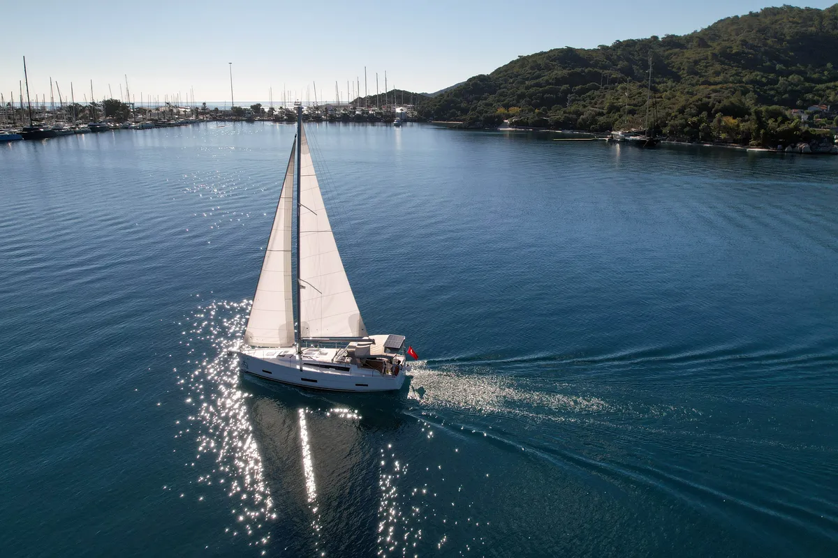 Exterior view of Lady D, a Dufour 390 sailboat at Marmaris, Turkey
