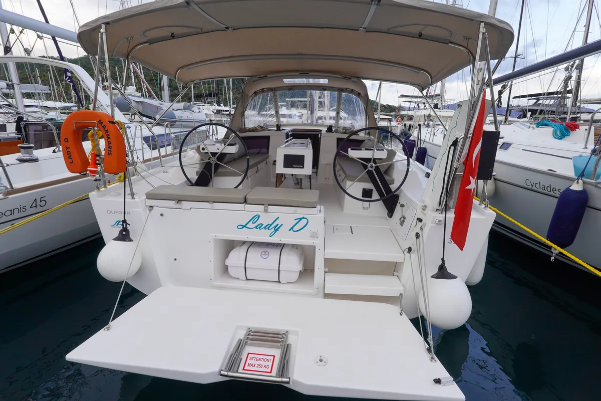 Cockpit of Lady D, a Dufour 390 sailboat at Marmaris, Turkey