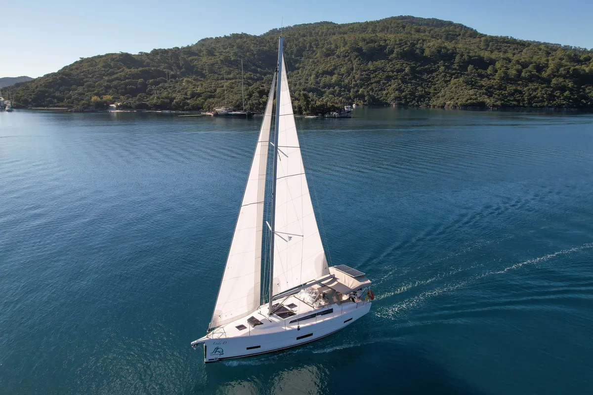 Exterior view of Lady D, a Dufour 390 sailboat at Marmaris, Turkey