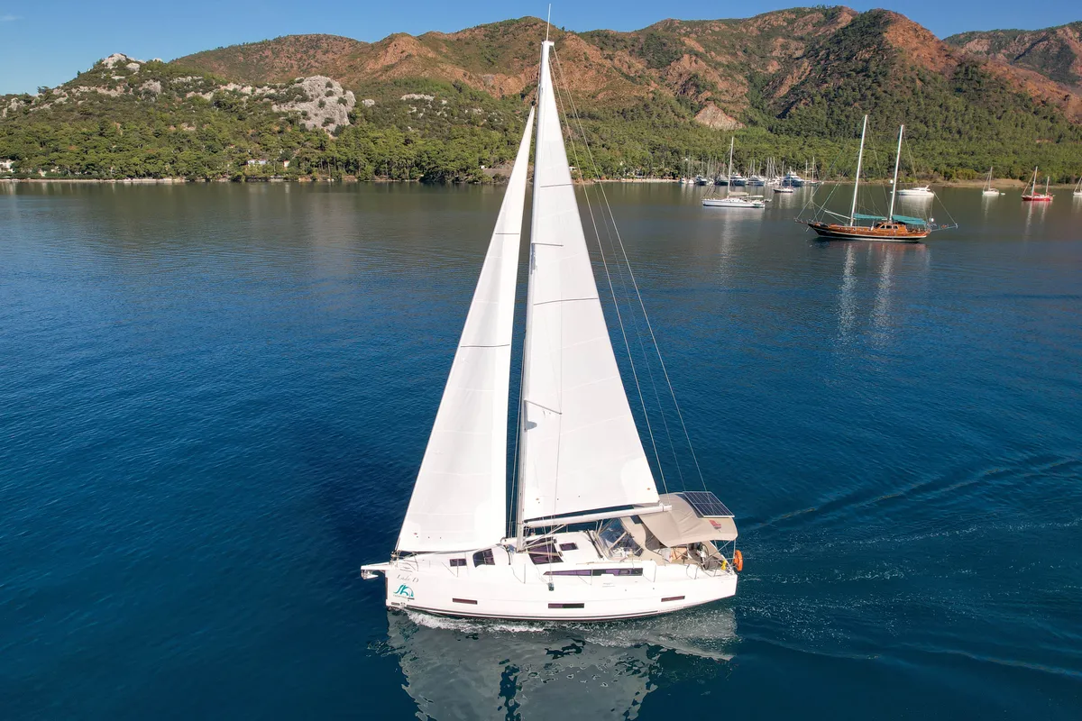Exterior view of Lady D, a Dufour 390 sailboat at Marmaris, Turkey