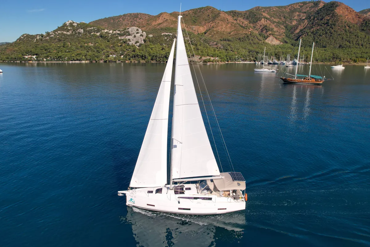 Exterior view of Lady D, a Dufour 390 sailboat at Marmaris, Turkey