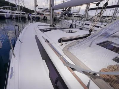 Deck of Lady D, a Dufour 390 sailboat at Marmaris, Turkey