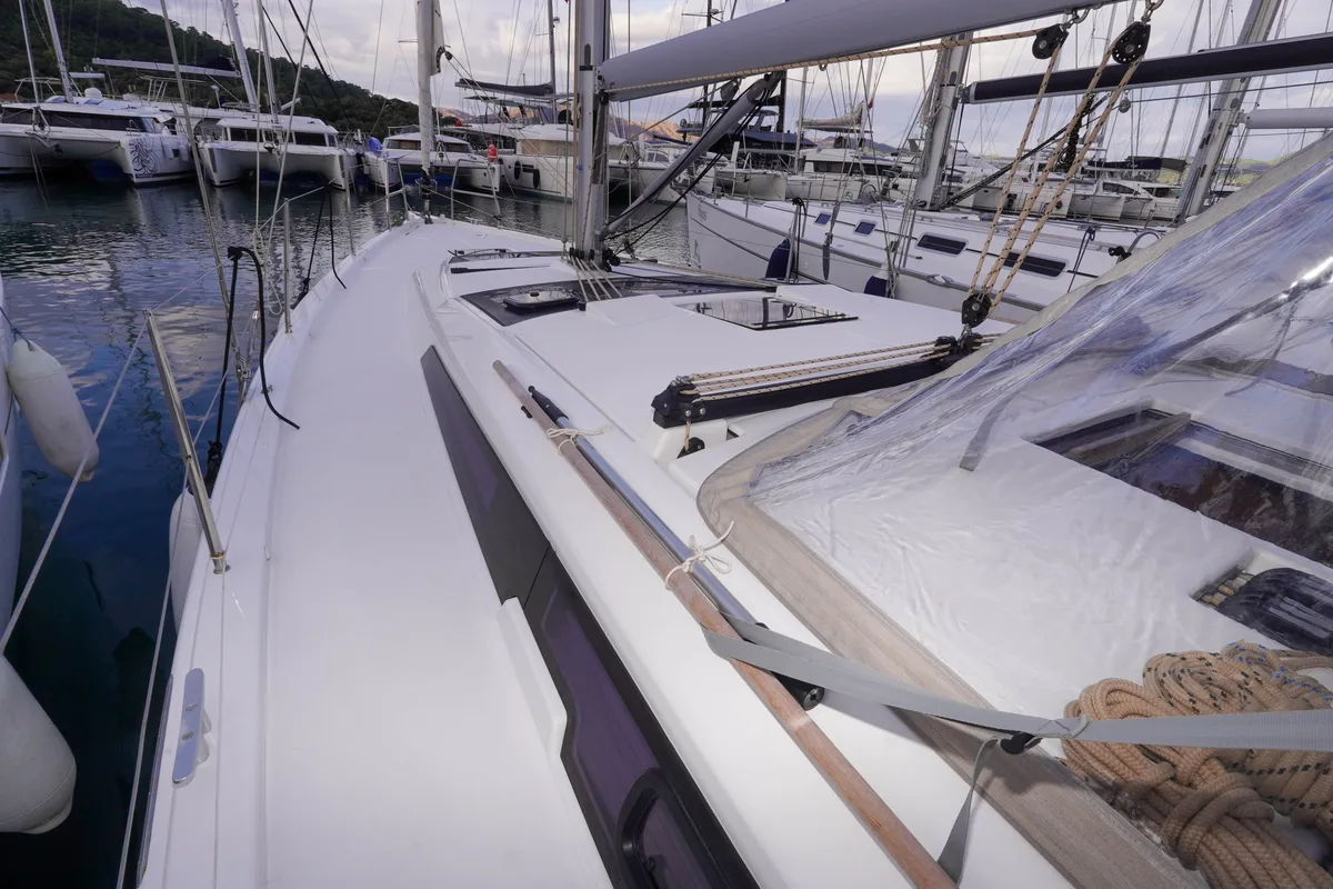 Deck of Lady D, a Dufour 390 sailboat at Marmaris, Turkey