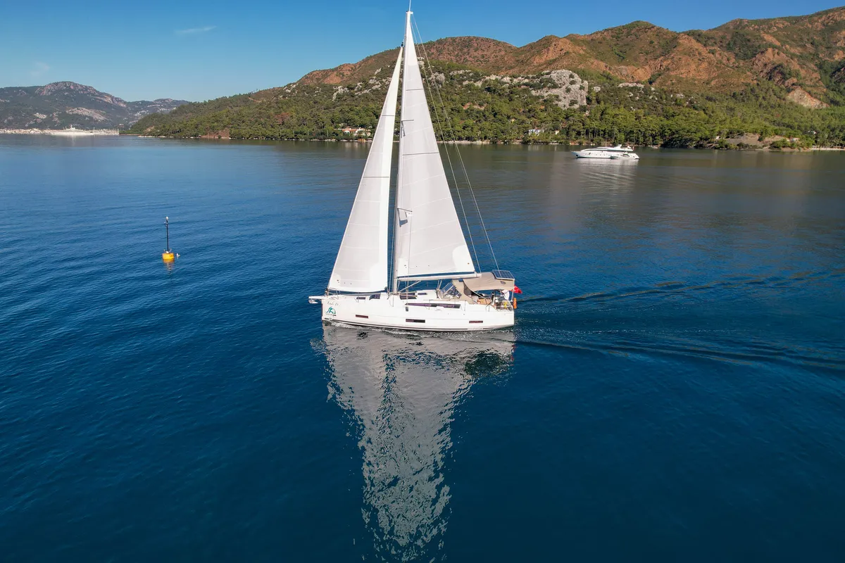 Exterior view of Lady D, a Dufour 390 sailboat at Marmaris, Turkey