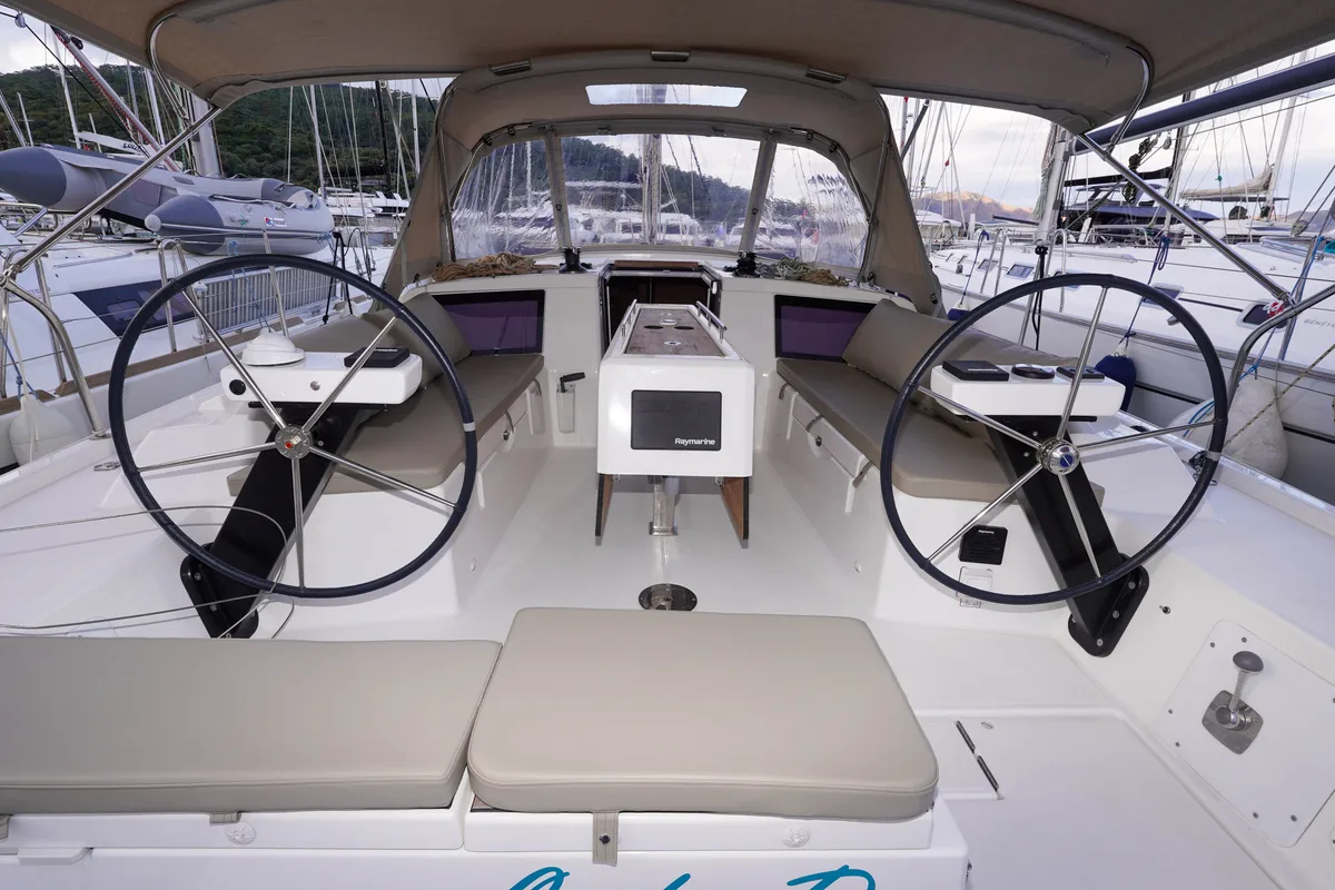Cockpit of Lady D, a Dufour 390 sailboat at Marmaris, Turkey