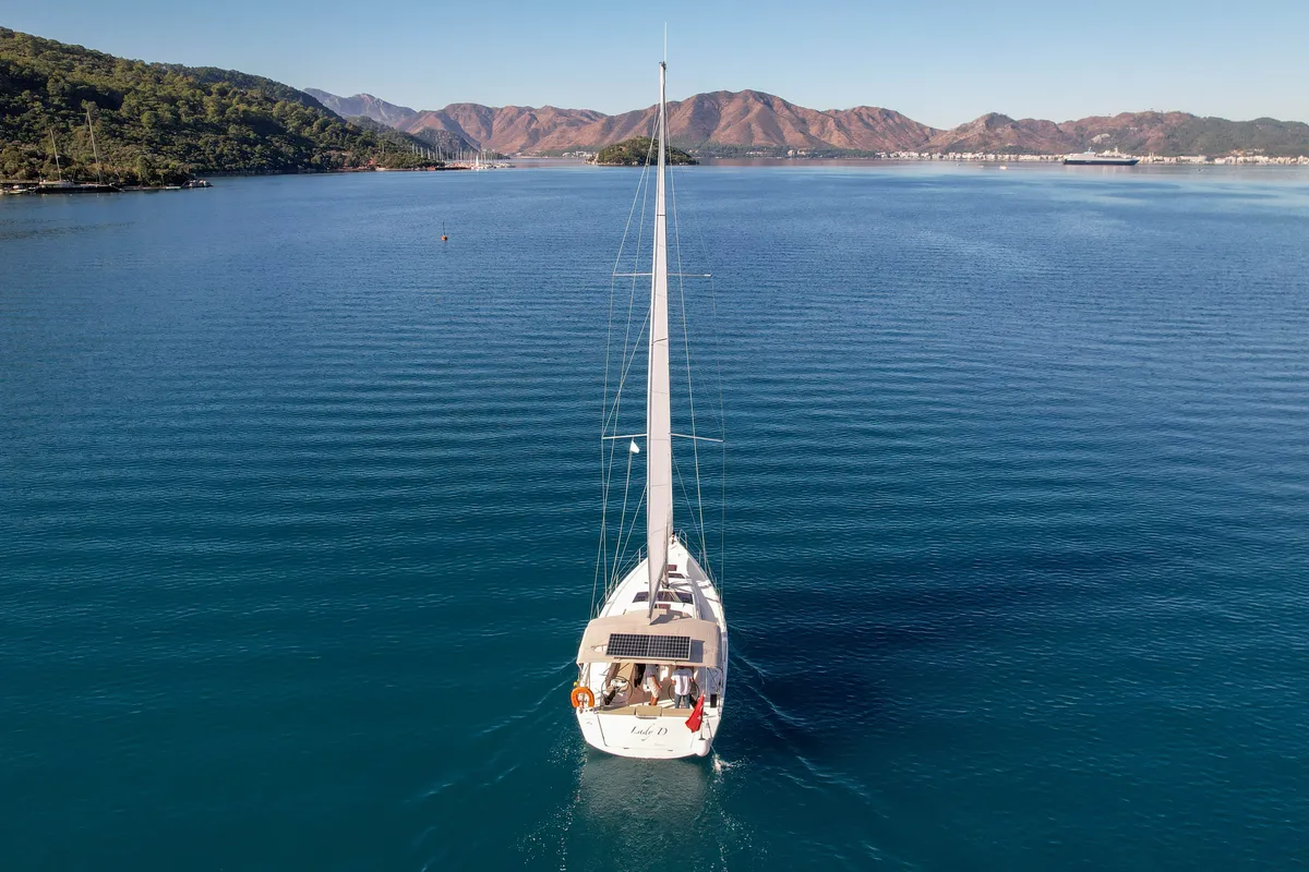 Exterior view of Lady D, a Dufour 390 sailboat at Marmaris, Turkey