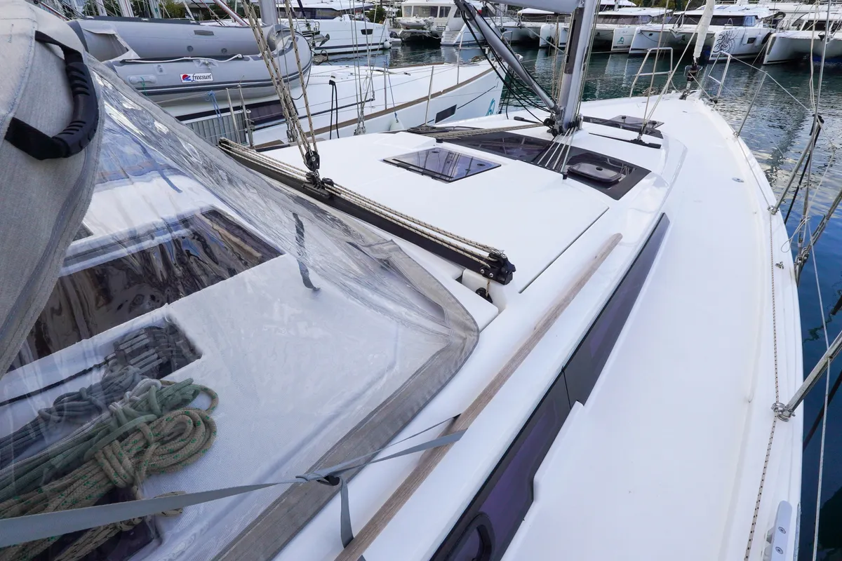 Deck of Lady D, a Dufour 390 sailboat at Marmaris, Turkey