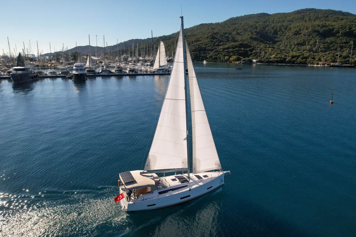 Exterior view of Lady D, a Dufour 390 sailboat at Marmaris, Turkey