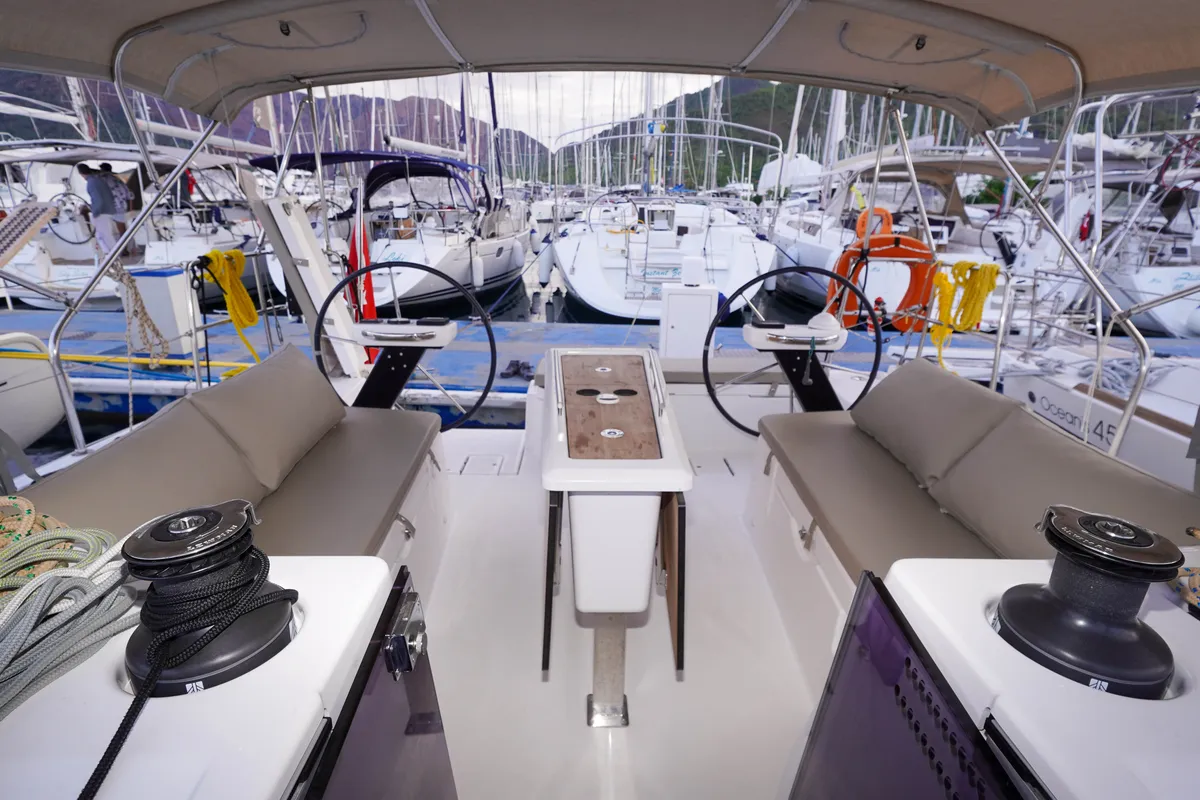 Cockpit of Lady D, a Dufour 390 sailboat at Marmaris, Turkey