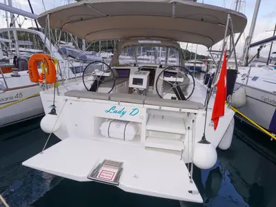 Cockpit of Lady D, a Dufour 390 sailboat at Marmaris, Turkey